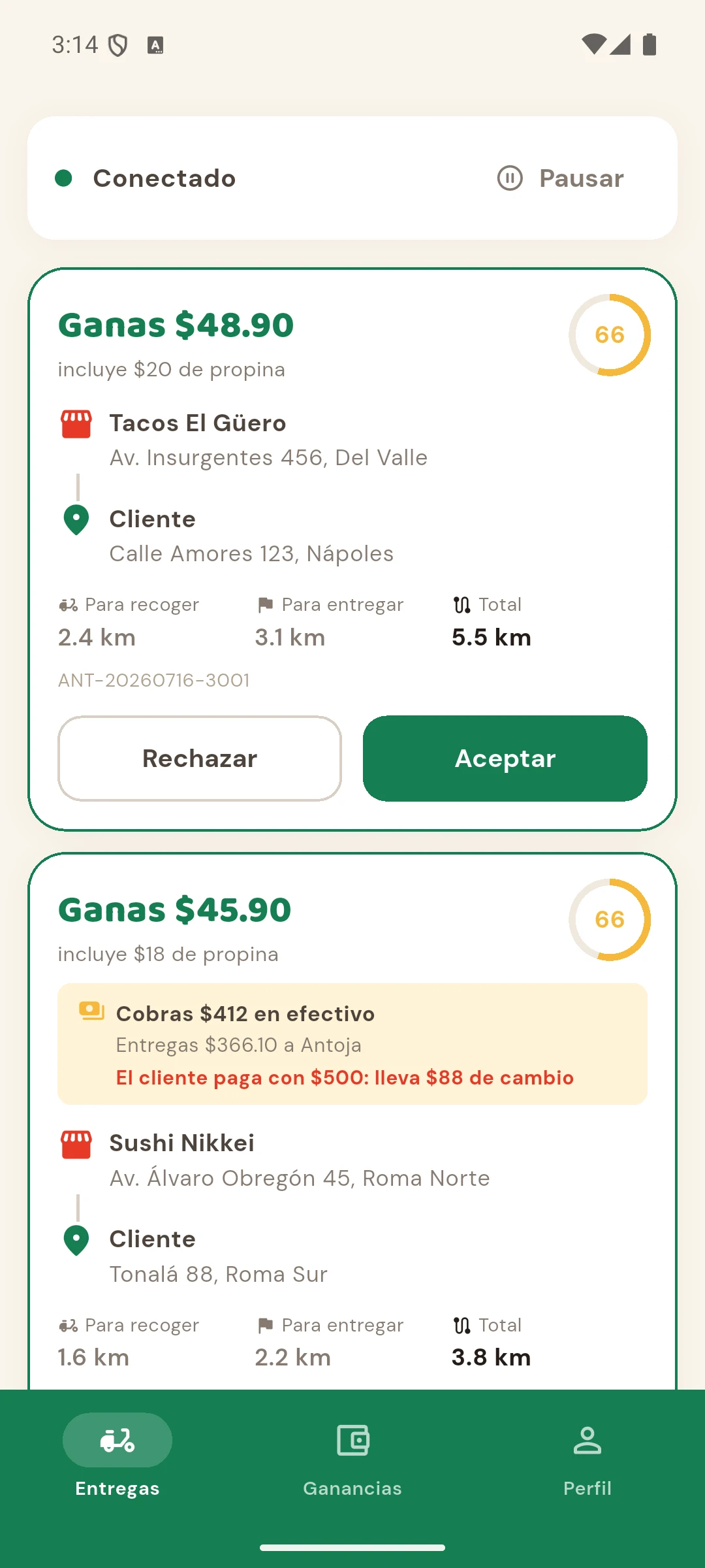 Antoja Repartidor conectado y en línea, listo para recibir pedidos.