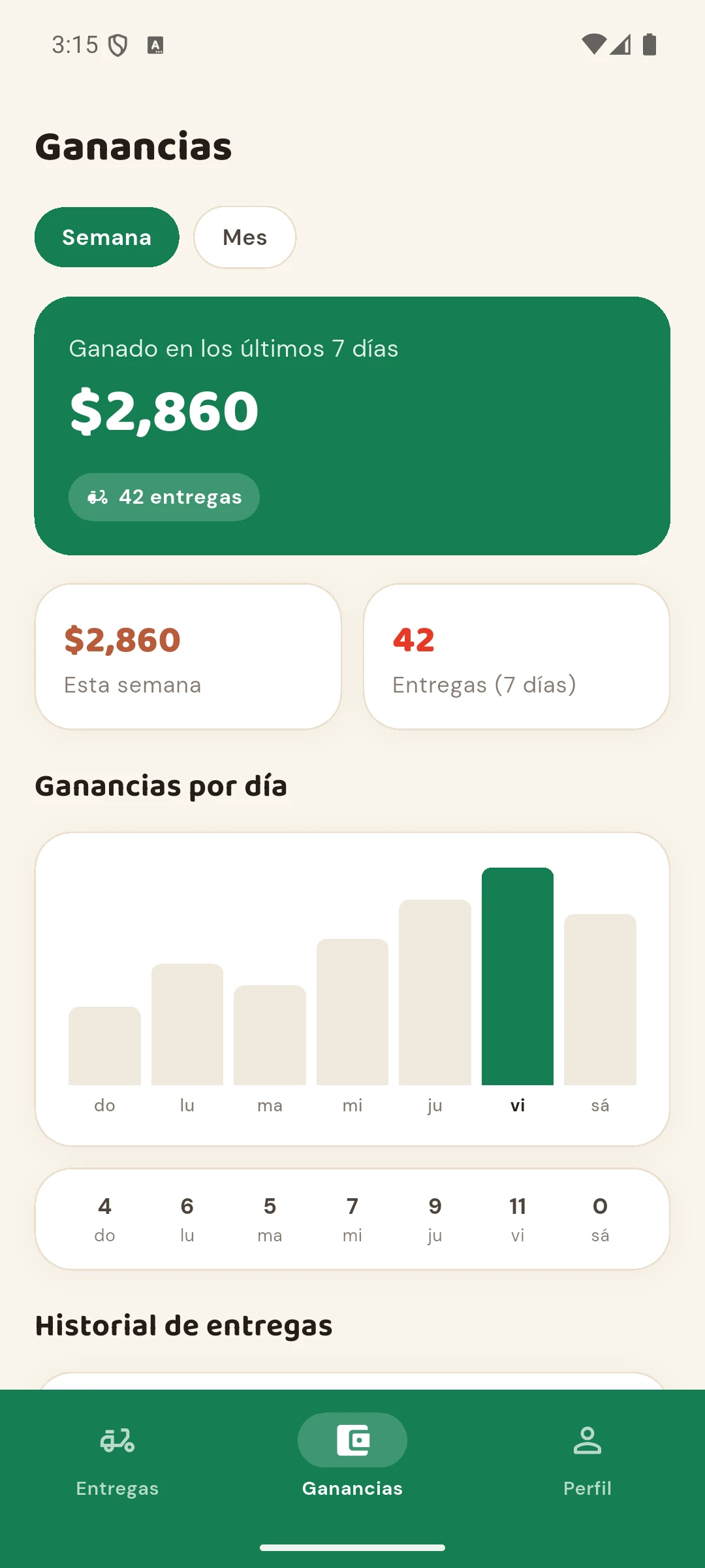 Pantalla de ganancias de Antoja Repartidor, con el detalle de lo cobrado por entrega.